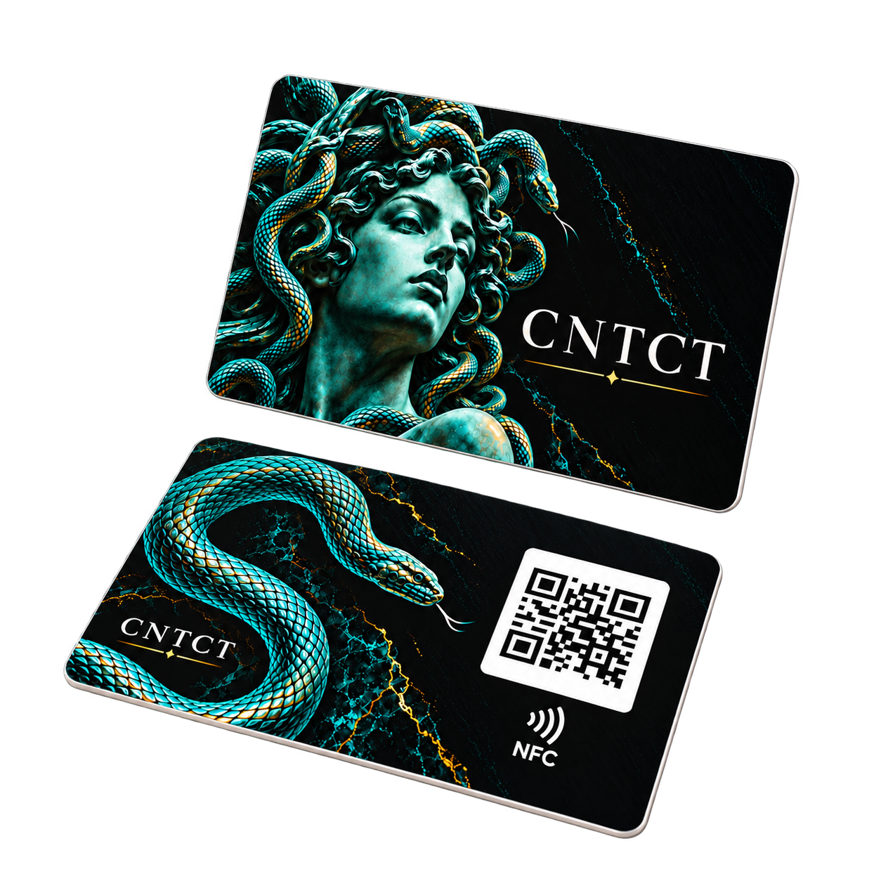 NFC-визитка Medusa — бирюзовое искусство на чёрной карте